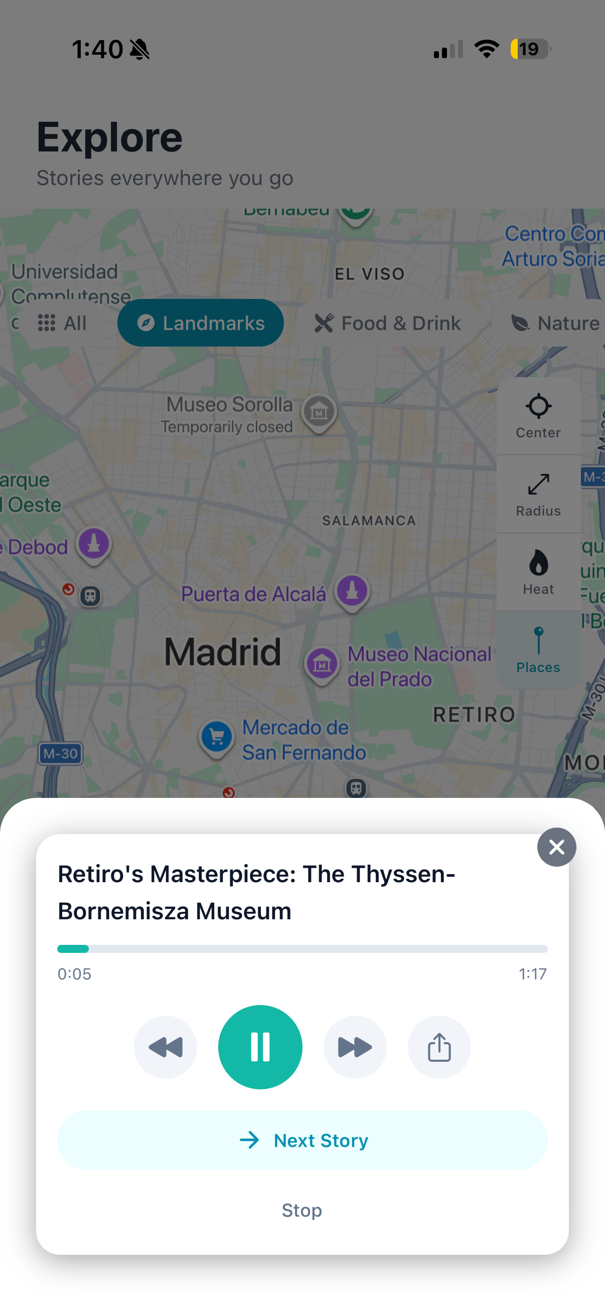 Wexplo explore map with audio player and POI markers